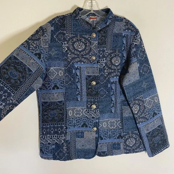 Blue Court By Haband Jacket Womens Medium Blue Tapestry Button Front Pockets - Picture 2 of 16